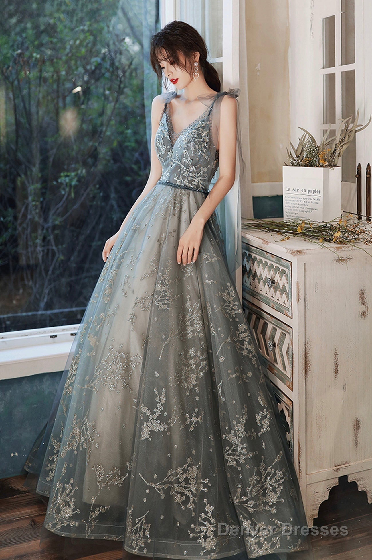 Gray V-Neck Tulle Long Prom Dress With Sequins, A-Line Graduation Dress Main image