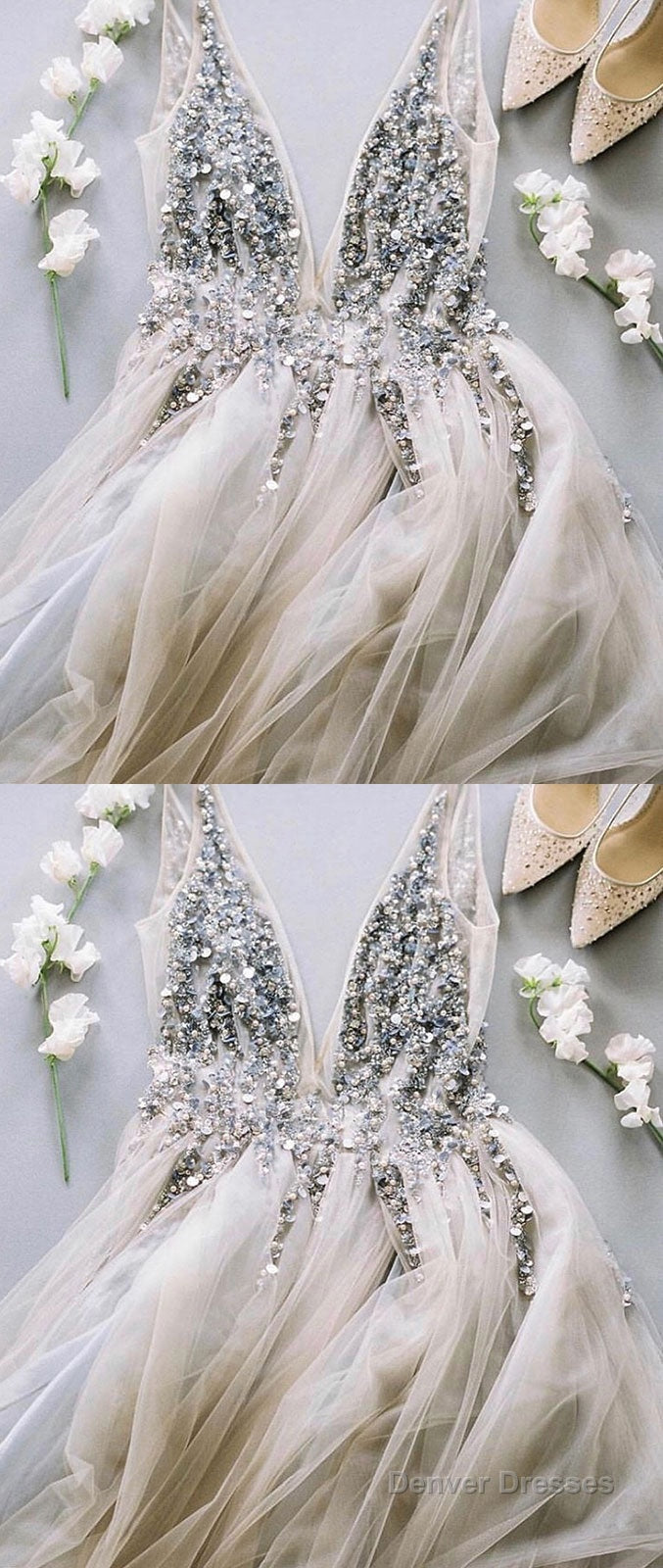 Gray V Neck Tulle Sequin Beads Long Prom Dress, Gray Tulle Evening Dress Secondary image