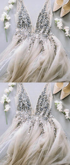 Gray V Neck Tulle Sequin Beads Long Prom Dress, Gray Tulle Evening Dress