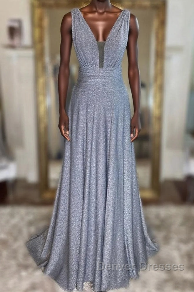 Gray v neck tulle sequin long prom Dress, gray evening Dress