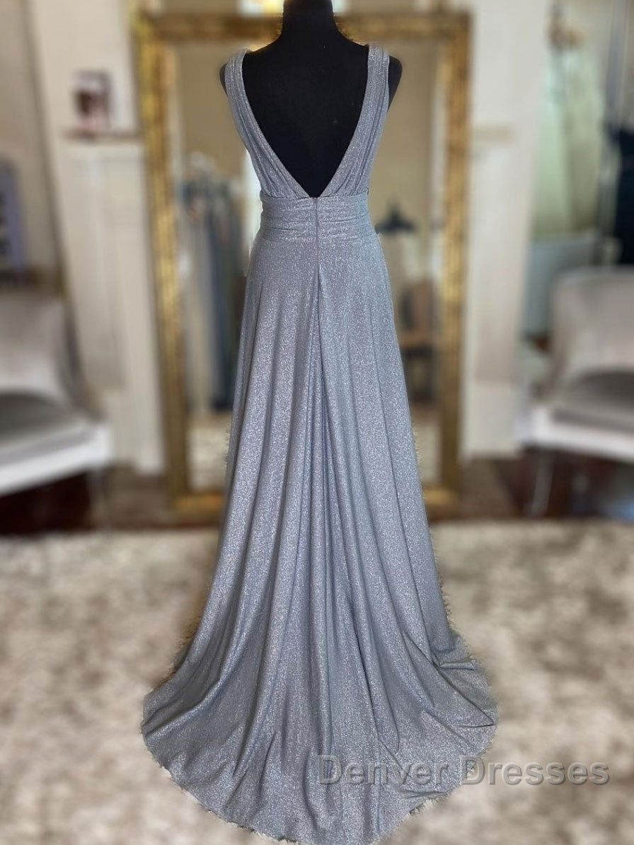 Gray v neck tulle sequin long prom Dress, gray evening Dress Secondary image