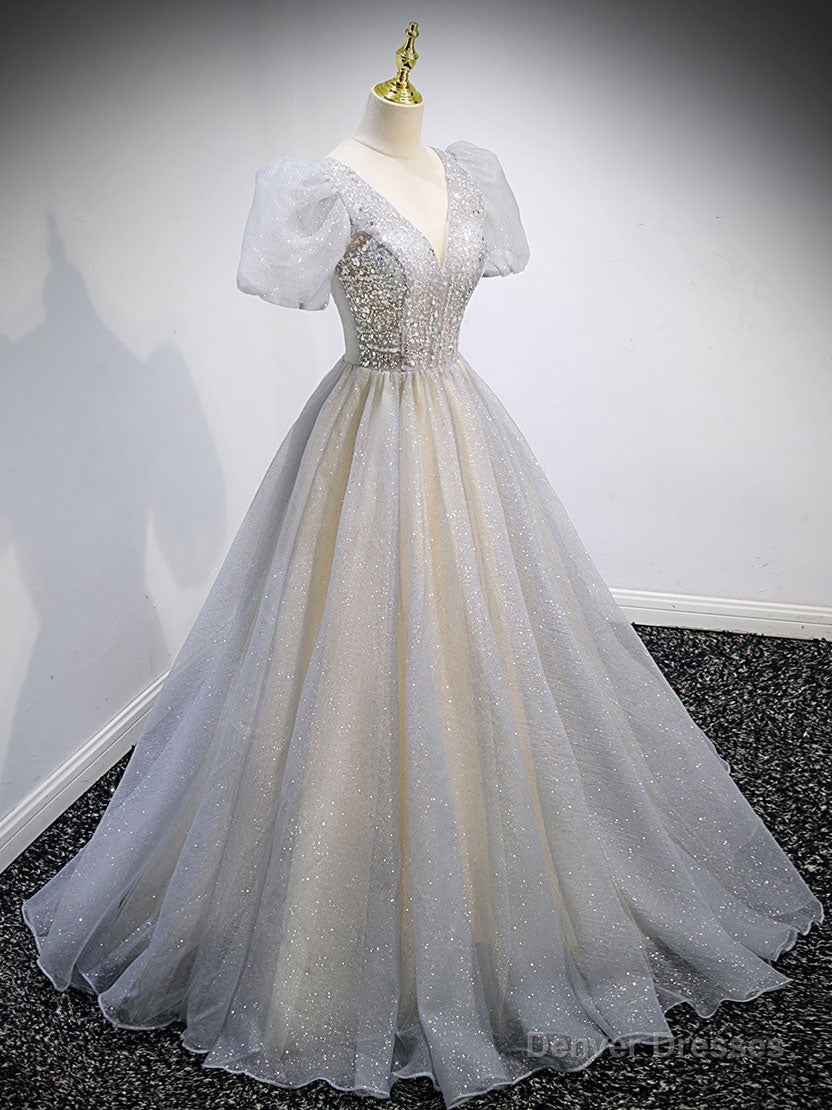 Gray v neck tulle sequin long prom dress, gray tulle formal dress Secondary image