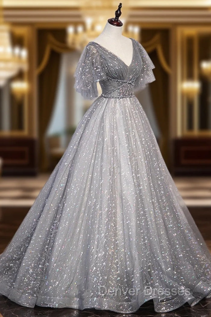 Gray V-Neck Tulle Sequins Long Prom Dress, A-Line Short Sleeve Evening Dress Main image