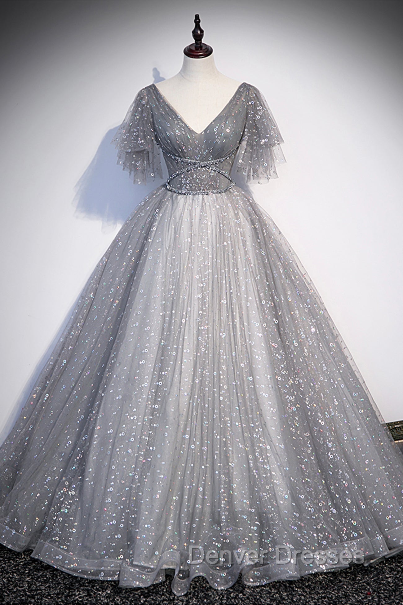 Gray V-Neck Tulle Sequins Long Prom Dress, A-Line Short Sleeve Evening Dress Secondary image