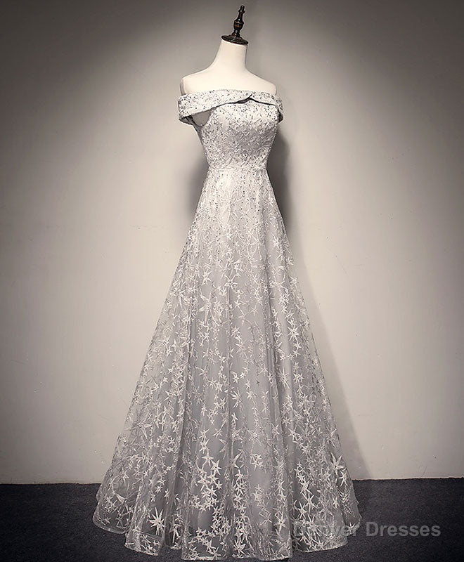 Gray White Tulle Lace Long Prom Dress Tulle Lace Formal Dress Main image