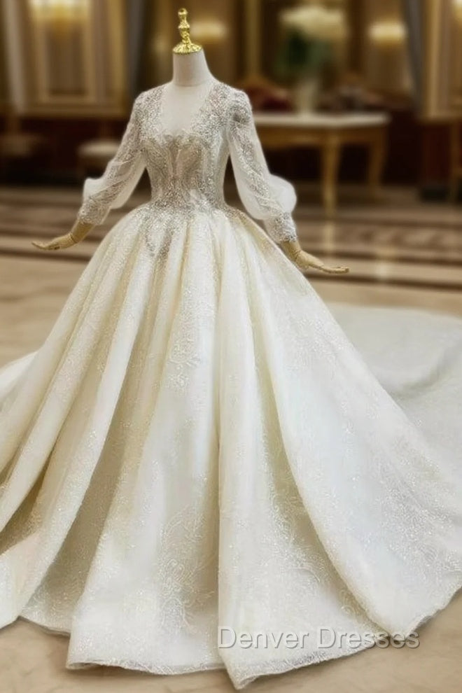 Great Choice Champagen Ball Gown Tulle Sequins V-neck Long Sleeve Beading Wedding Dress Main image