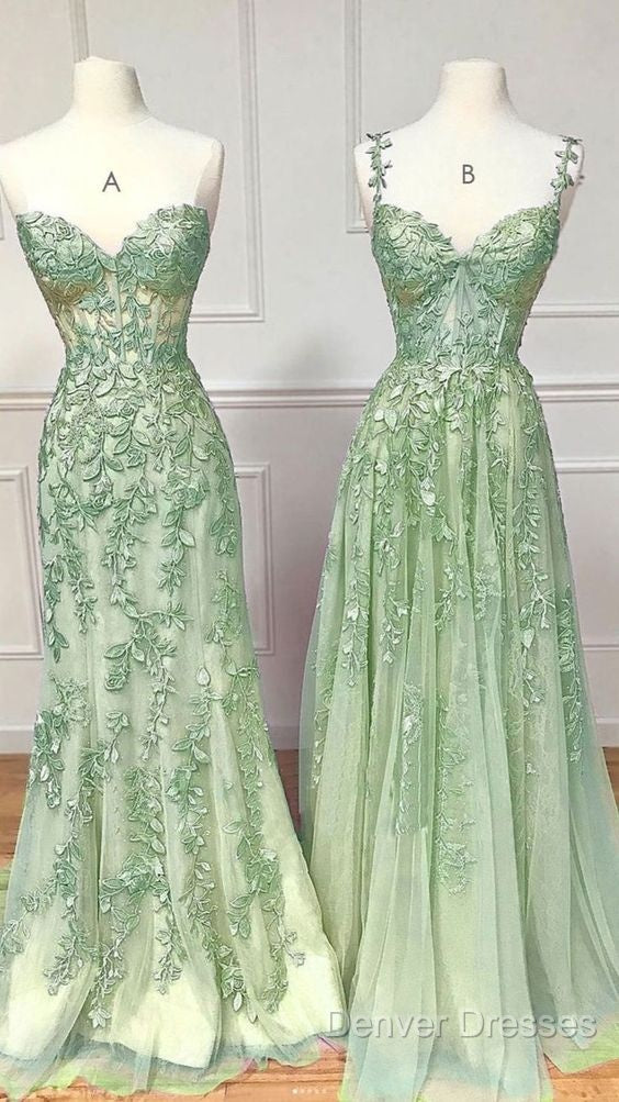 Green A Line Applique Mermaid Lace Long Prom Dress Secondary image