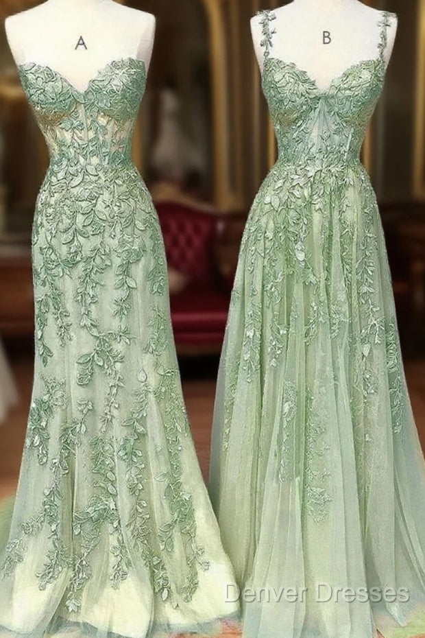 Green A Line Applique Mermaid Lace Long Prom Dress Main image