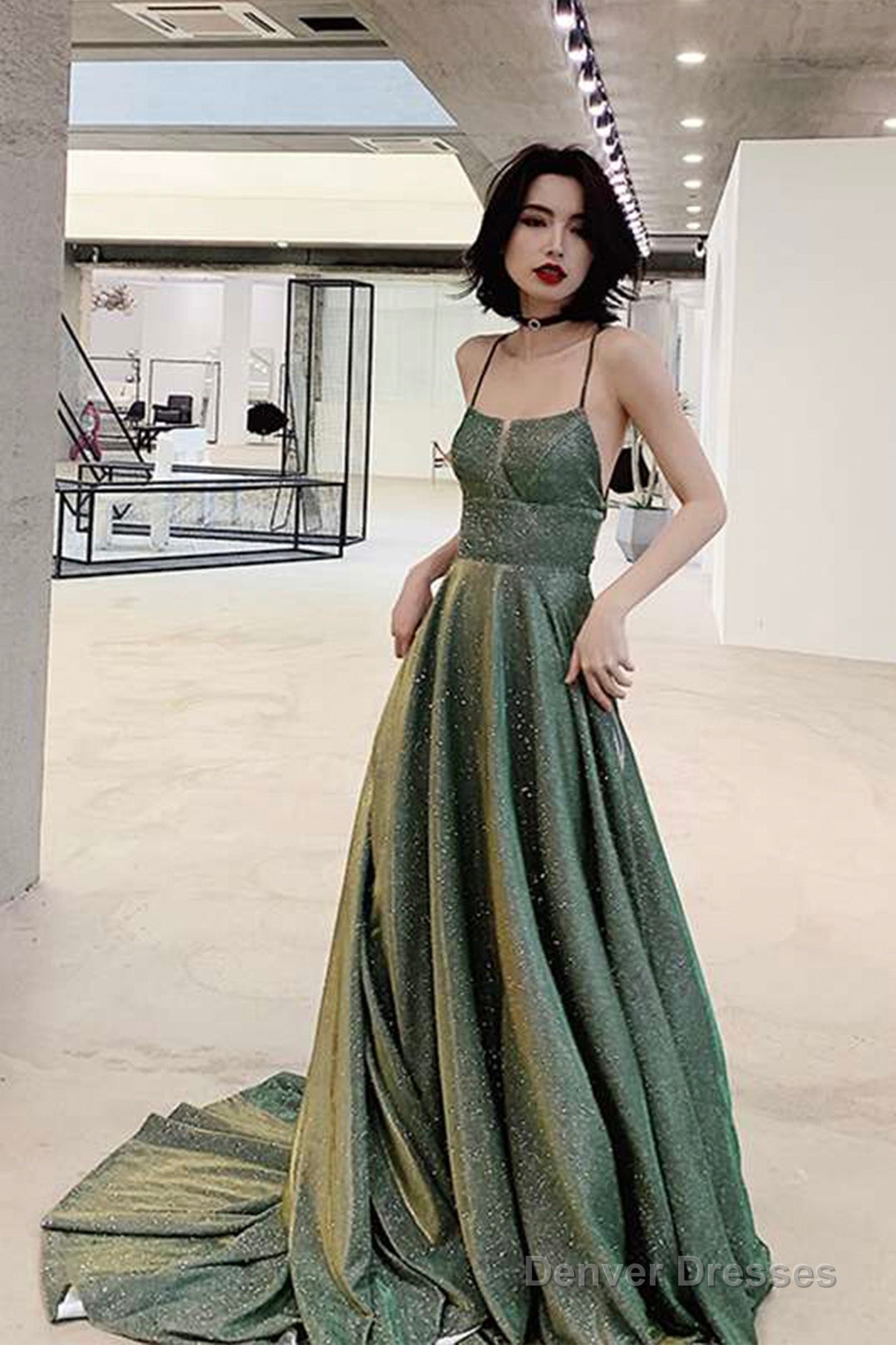 Green A-Line Backless Long Prom Dresses, Evening Dresses Secondary image