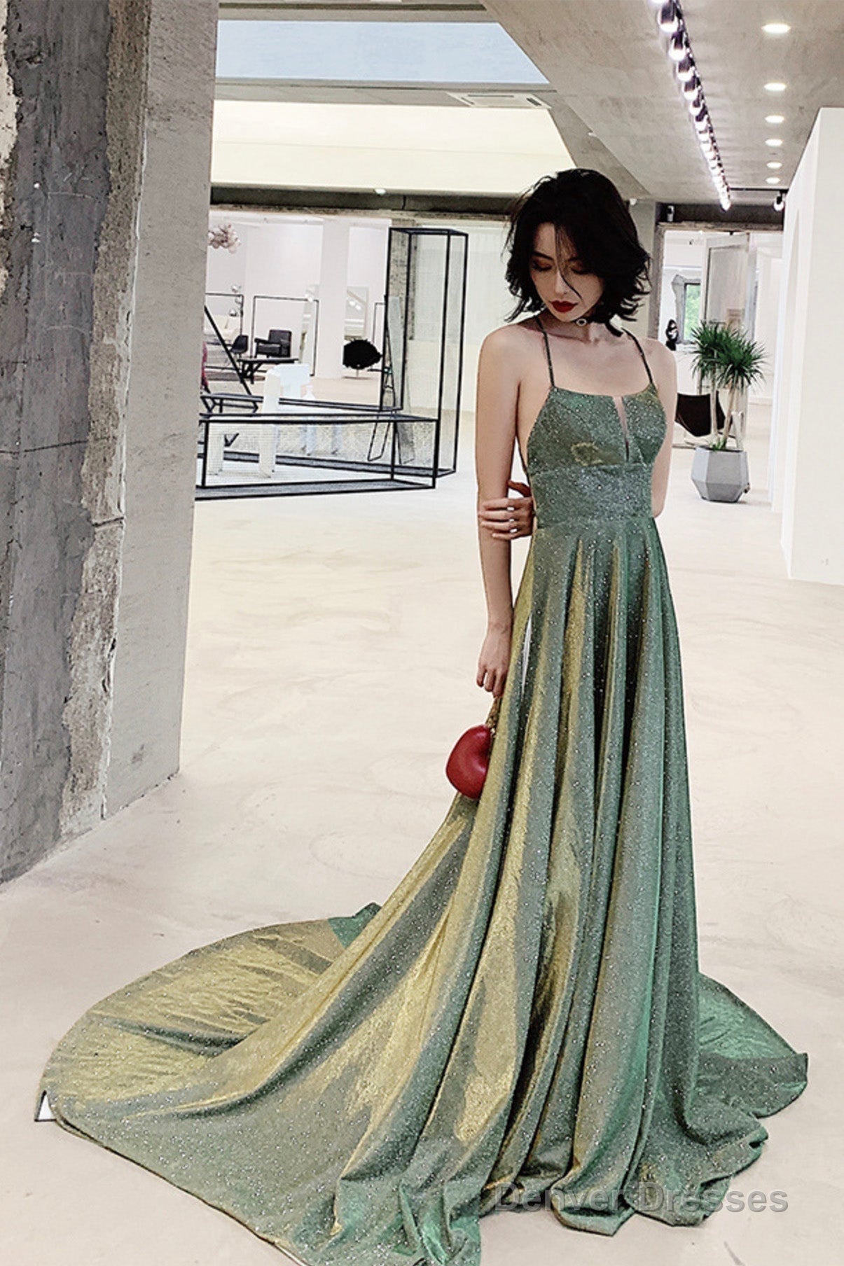 Green A-Line Backless Long Prom Dresses, Evening Dresses Main image