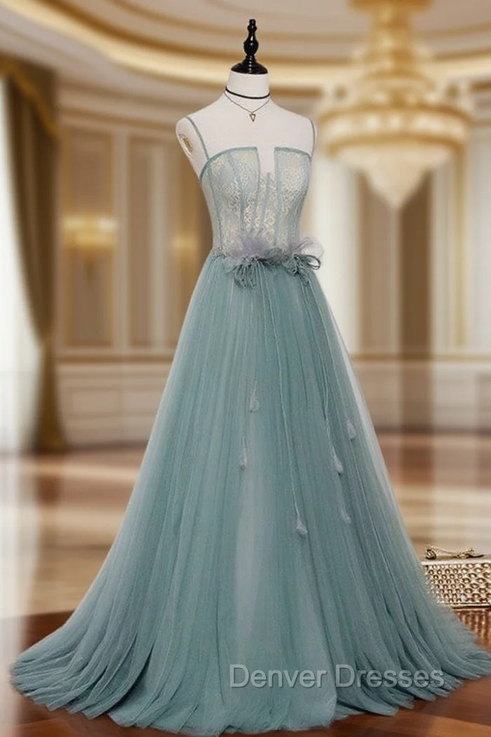 Green A Line Lace Long Prom Dress, A Line Green Lace Long Formal Evening Dress