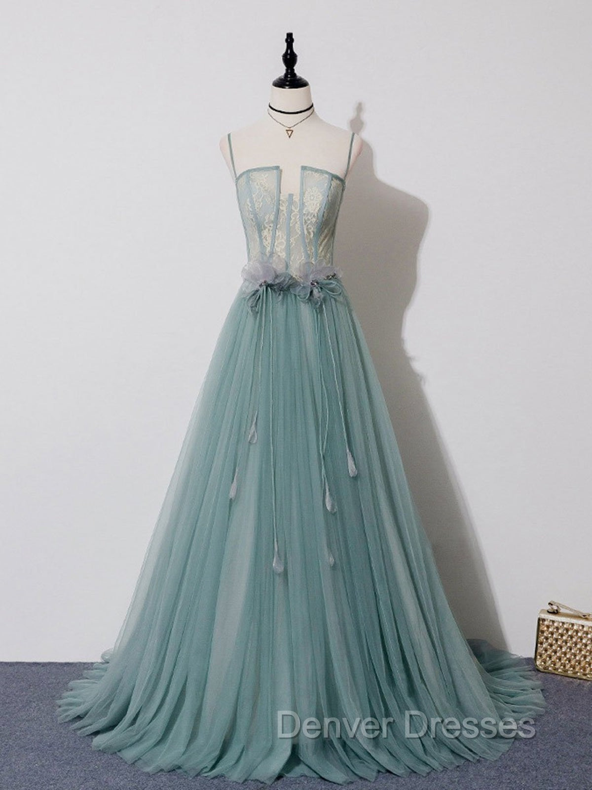 Green A Line Lace Long Prom Dress, A Line Green Lace Long Formal Evening Dress