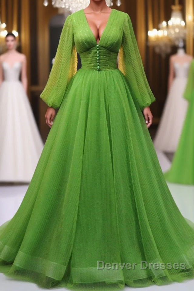 Green A Line Long Prom Dress, V Neck Green Tulle Long Formal Evening Dress