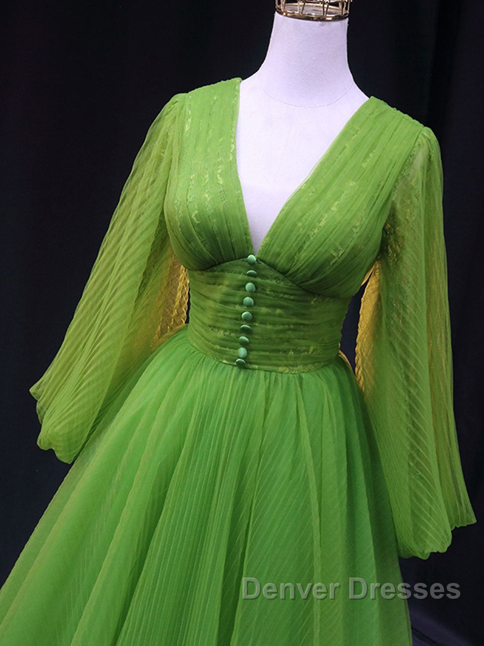 Green A Line Long Prom Dress, V Neck Green Tulle Long Formal Evening Dress Secondary image