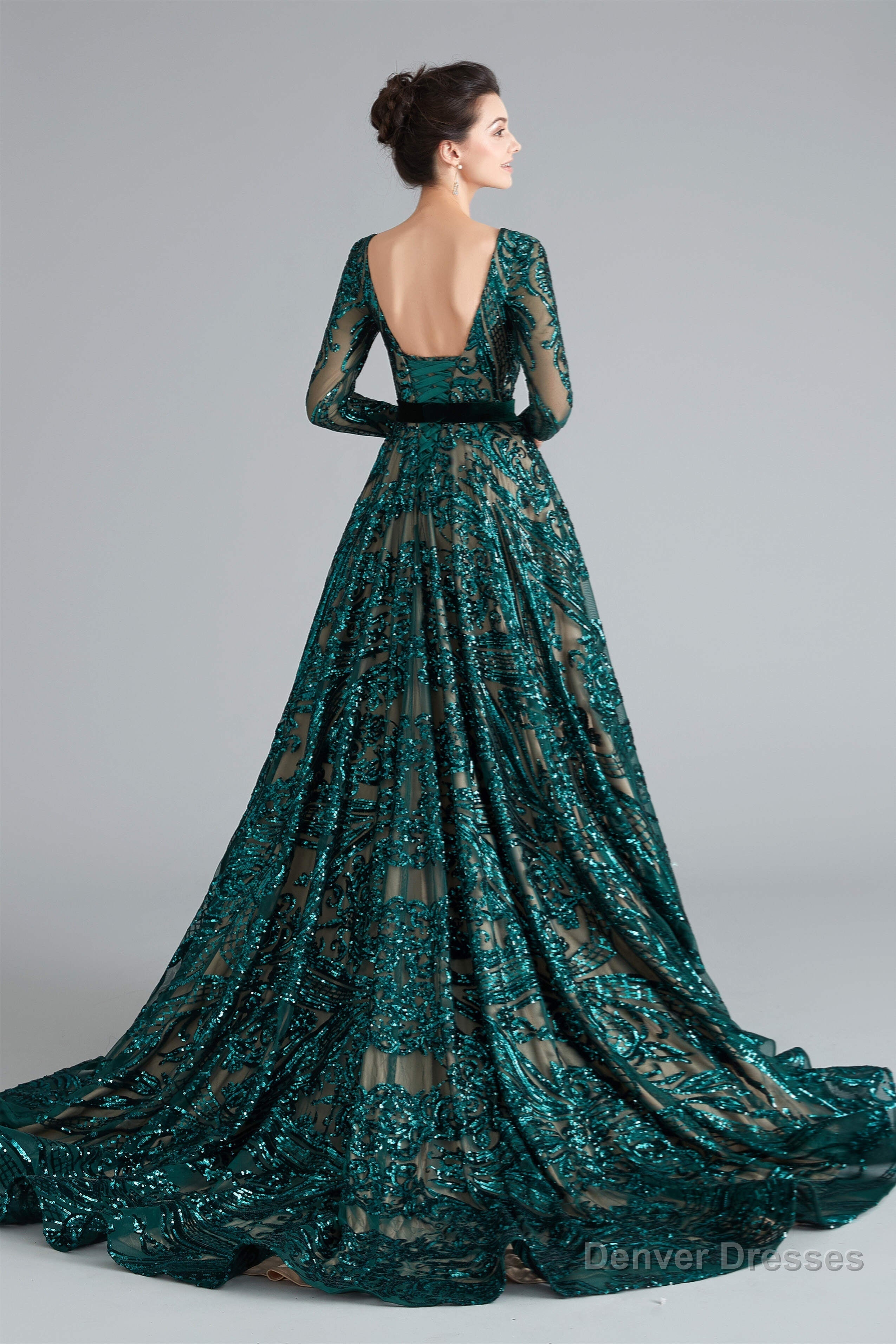 A-Line Luxury Sequins Long Sleeve Backless Prom Dresses