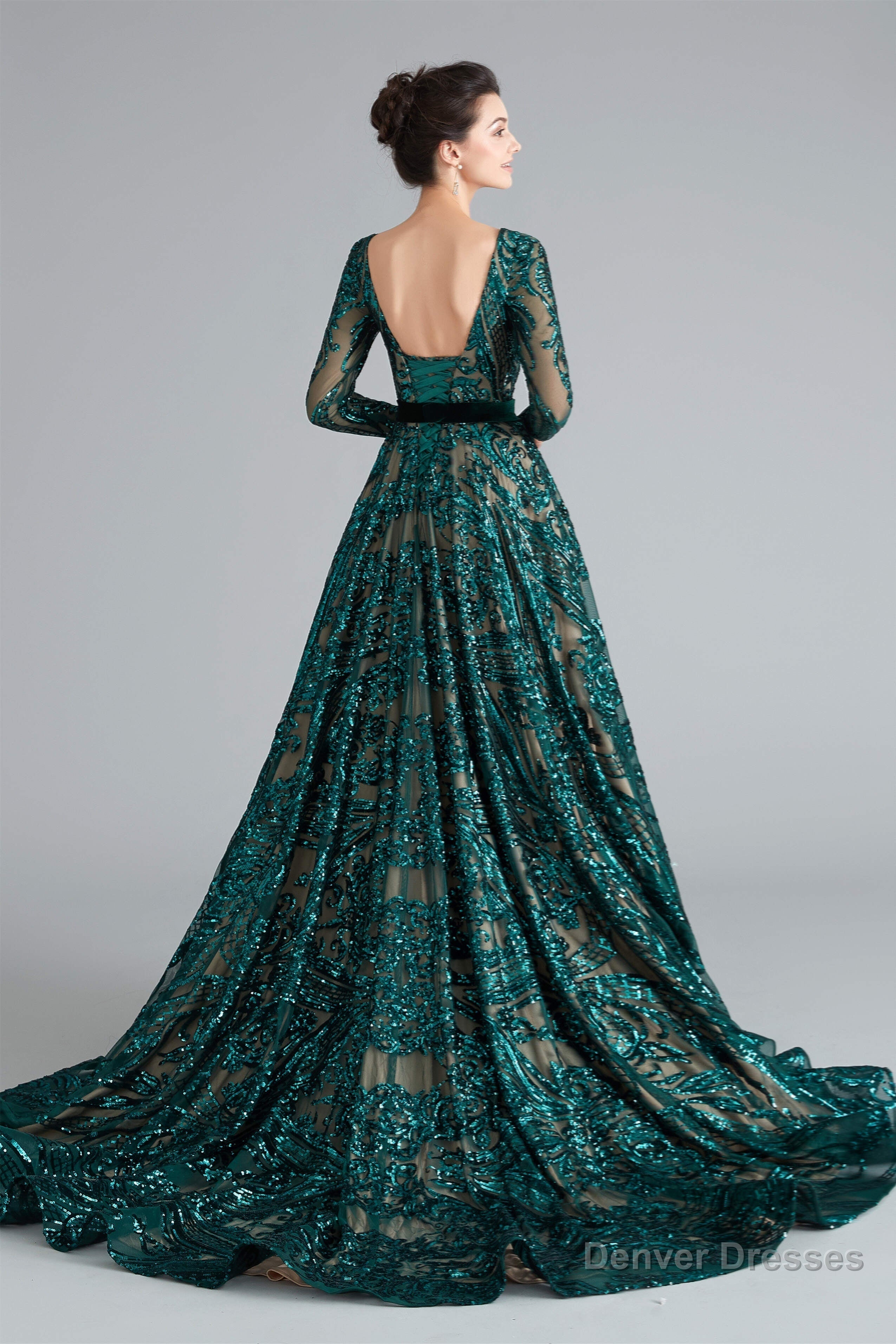 A-Line Luxury Sequins Long Sleeve Backless Prom Dresses