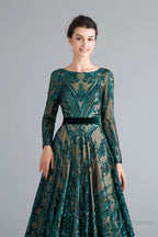 A-Line Luxury Sequins Long Sleeve Backless Prom Dresses