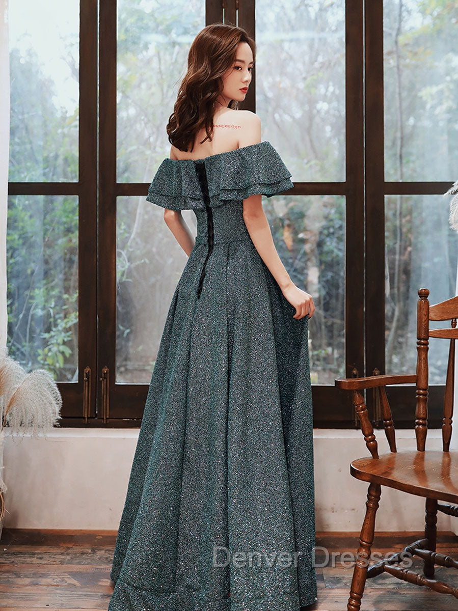 Green A Line Off Shoulder Long Prom Dress, Green Bridesmaid Dress