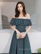 Green A Line Off Shoulder Long Prom Dress, Green Bridesmaid Dress