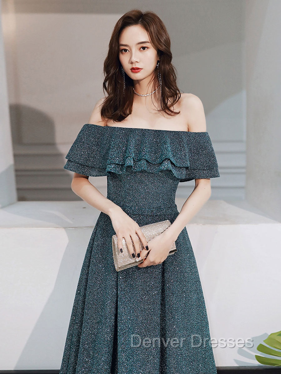 Green A Line Off Shoulder Long Prom Dress, Green Bridesmaid Dress