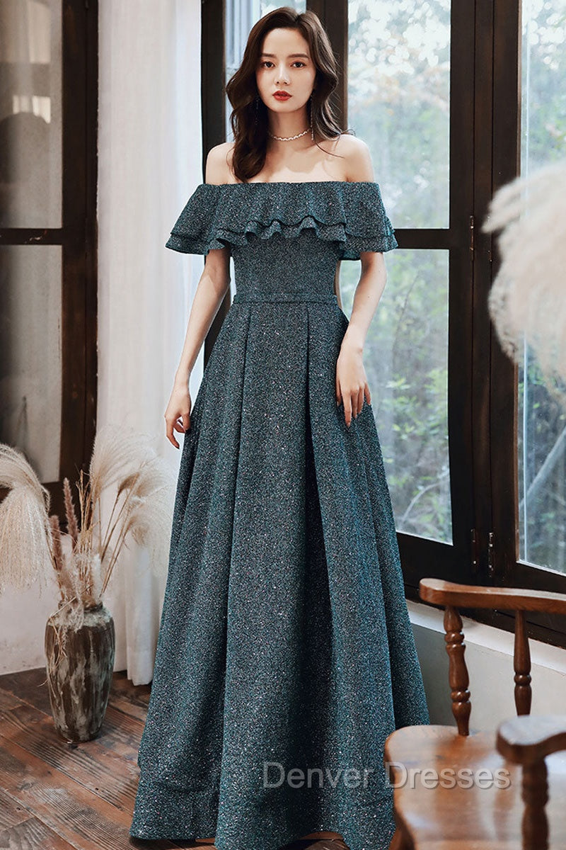 Green A Line Off Shoulder Long Prom Dress, Green Bridesmaid Dress