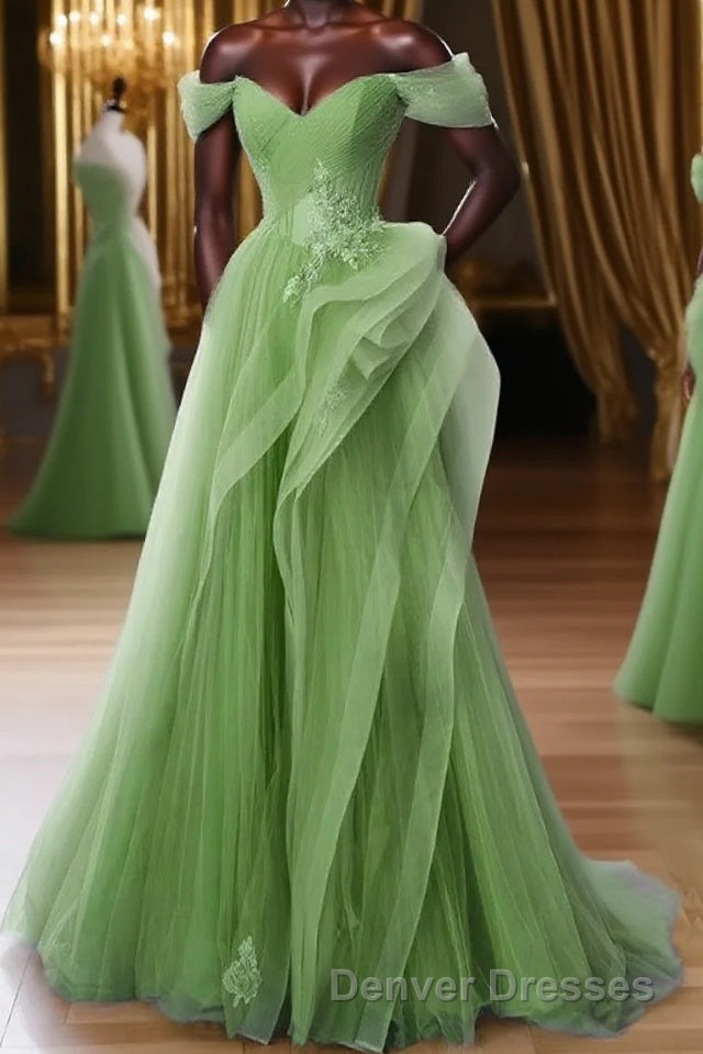 Green A-Line Off Shoulder Long Prom Dress Lace Long Evening Dress Main image