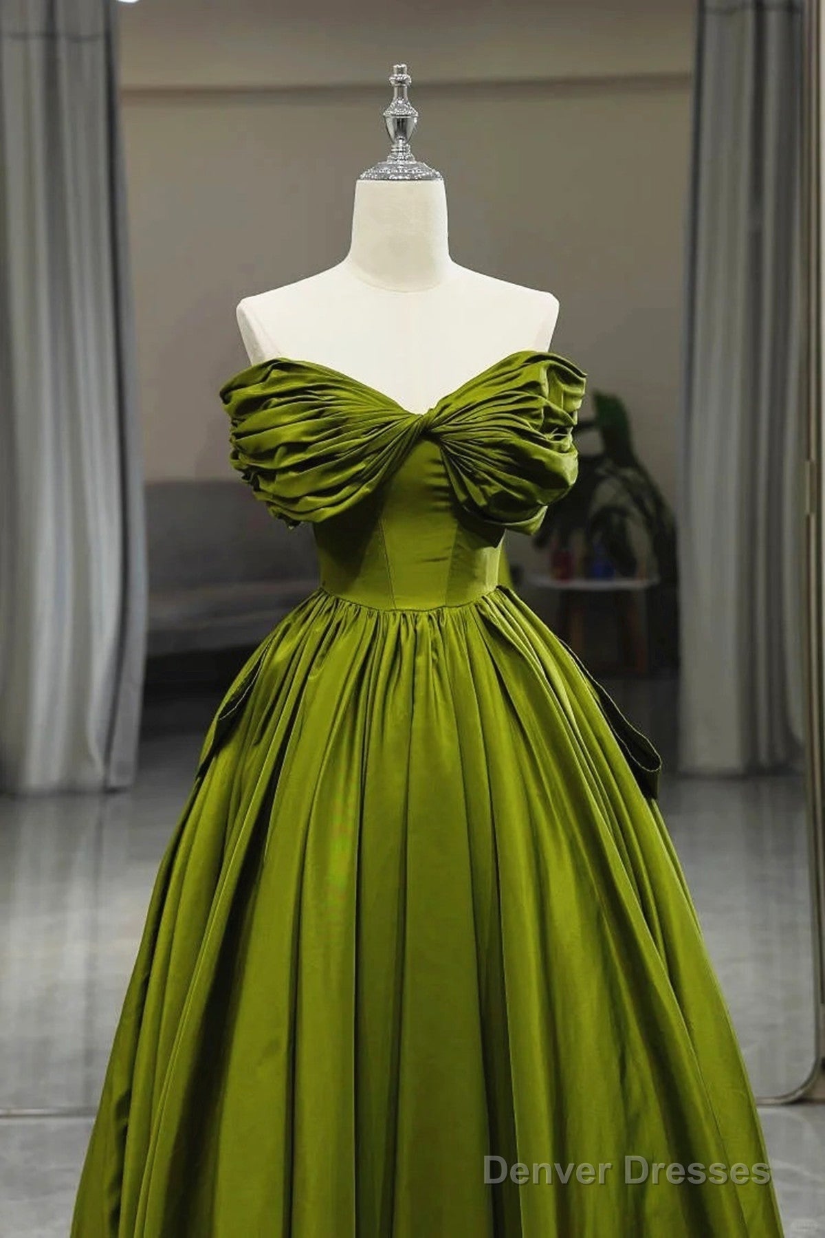 Green A-Line Off Shoulder Satin Long Party Dress, Green Satin Formal Dress Prom Dress Secondary image