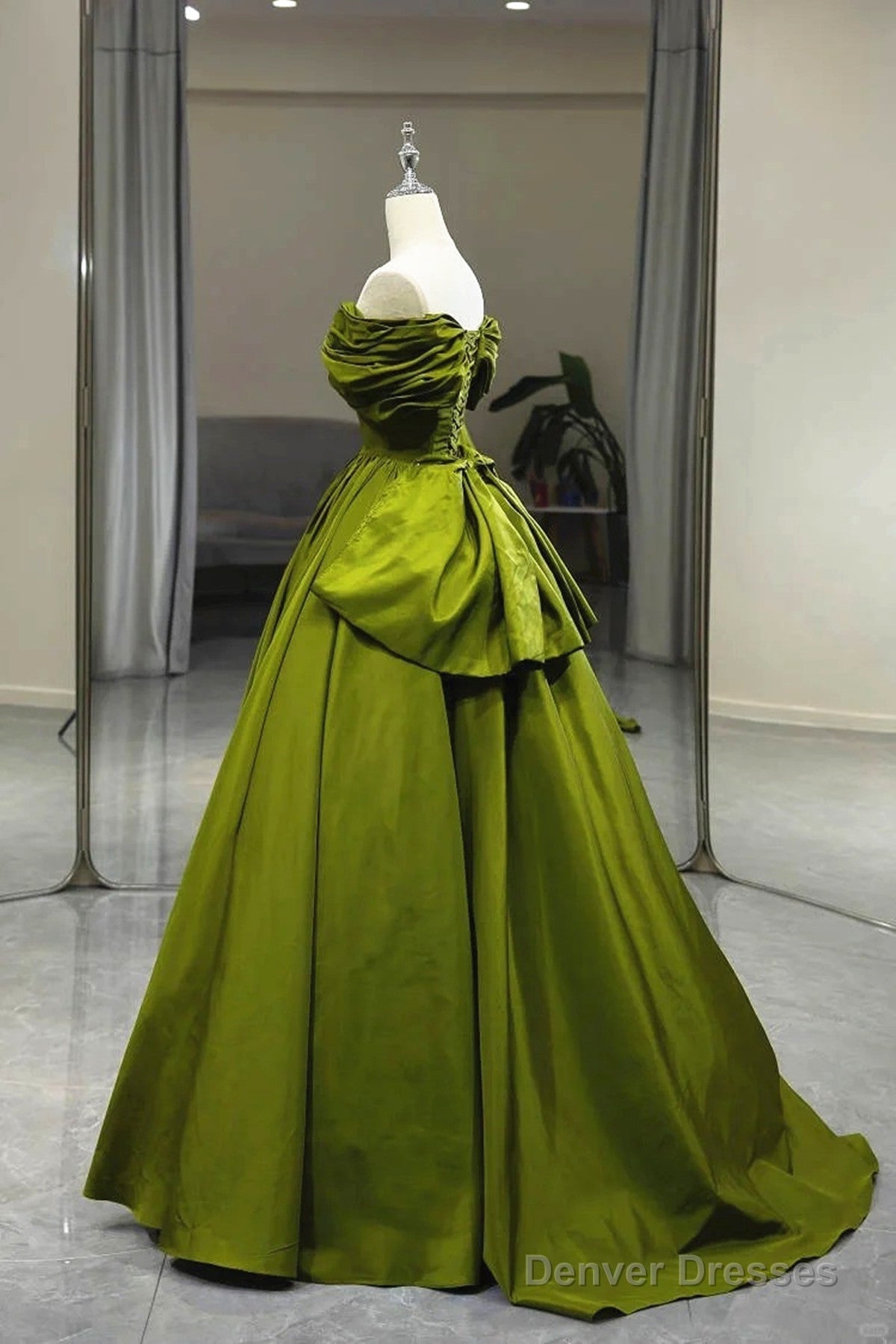 Green A-Line Off Shoulder Satin Long Party Dress, Green Satin Formal Dress Prom Dress