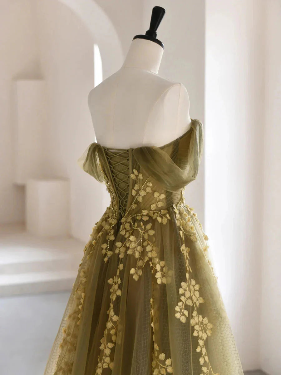 Olive Green A-Line  Off Shoulder Tulle Lace Long Prom Dress, Green Tulle Formal Dress Secondary image