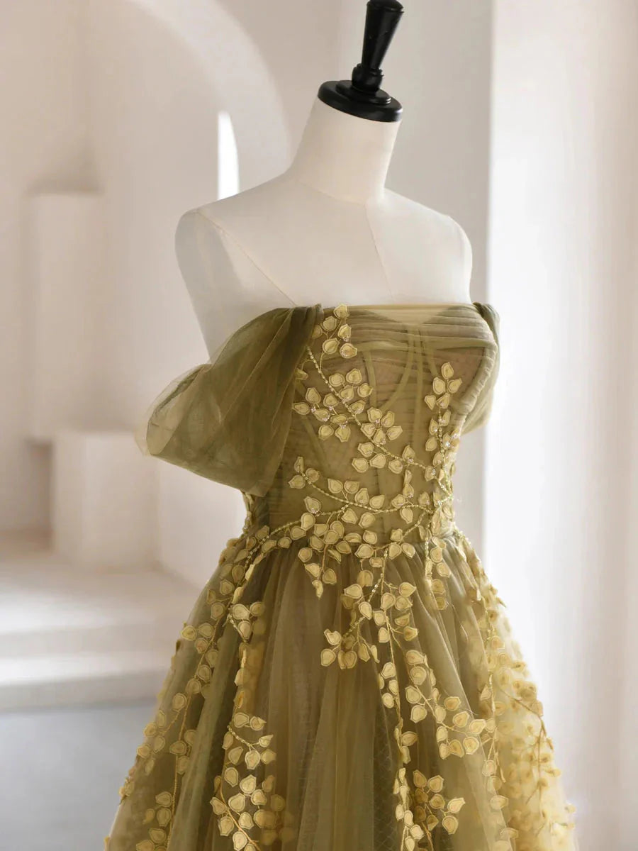 Olive Green A-Line  Off Shoulder Tulle Lace Long Prom Dress, Green Tulle Formal Dress