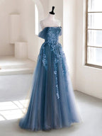 Olive Green A-Line  Off Shoulder Tulle Lace Long Prom Dress, Green Tulle Formal Dress