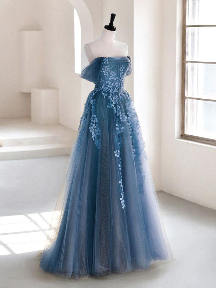 Olive Green A-Line  Off Shoulder Tulle Lace Long Prom Dress, Green Tulle Formal Dress