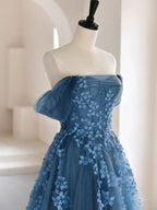 Olive Green A-Line  Off Shoulder Tulle Lace Long Prom Dress, Green Tulle Formal Dress