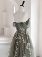 Olive Green A-Line  Off Shoulder Tulle Lace Long Prom Dress, Green Tulle Formal Dress