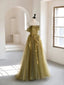 Olive Green A-Line  Off Shoulder Tulle Lace Long Prom Dress, Green Tulle Formal Dress