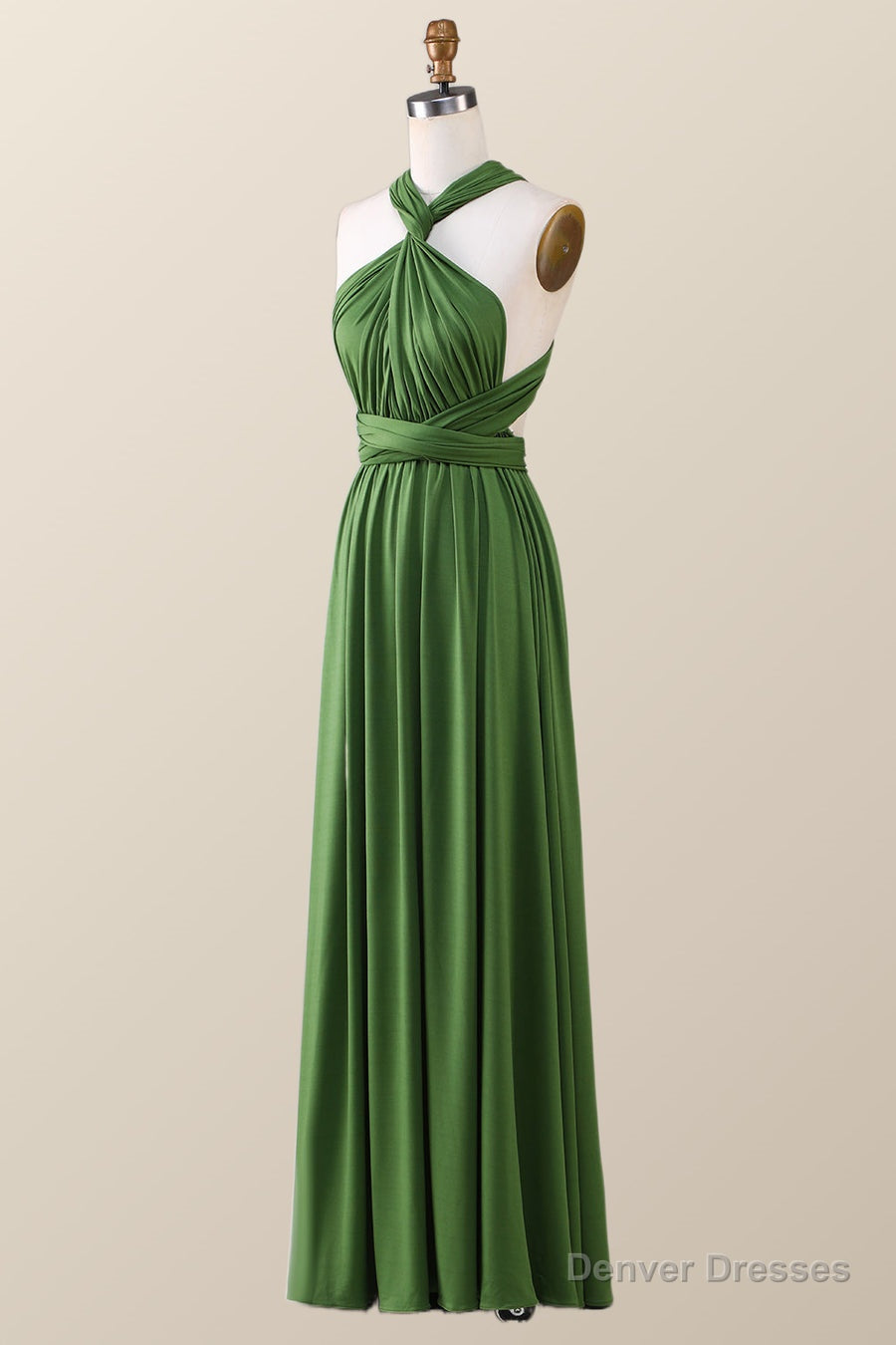 Green A-line Pleated Long Convertible Bridesmaid Dress Main image