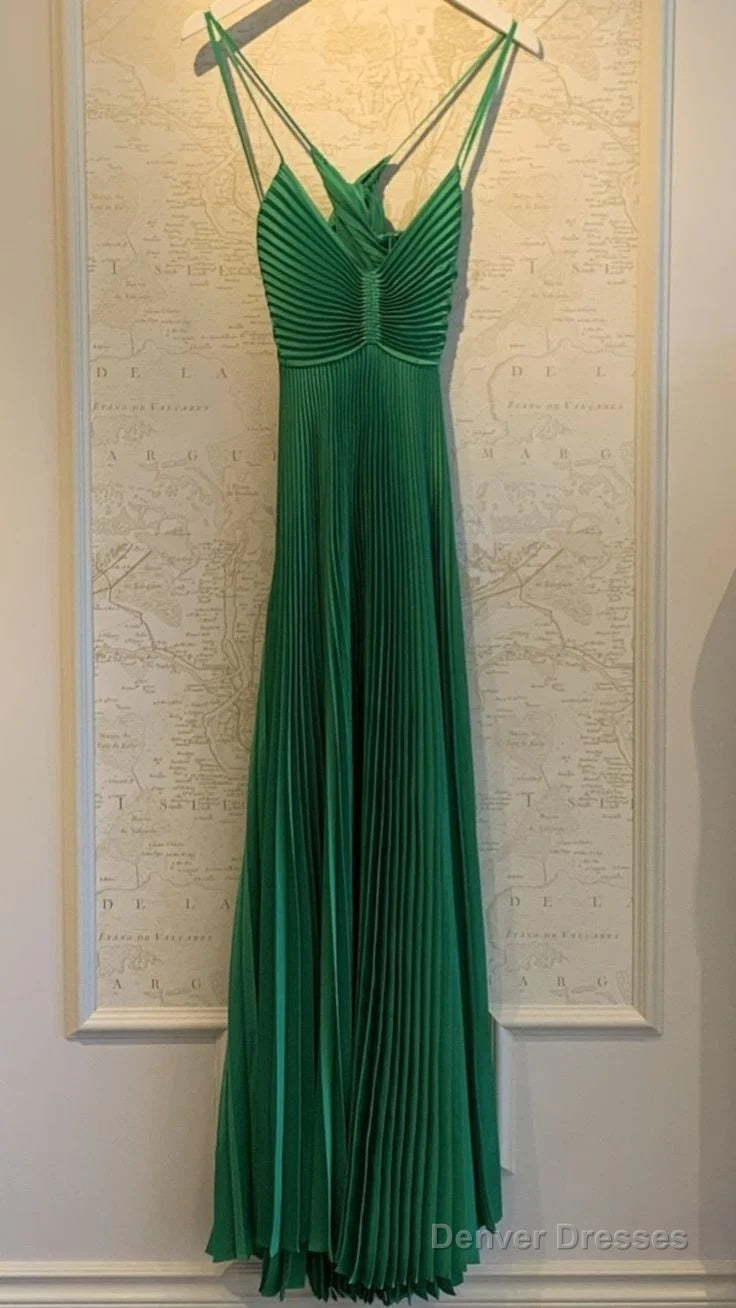 Green A Line Pleated Long Prom Dresses Main image
