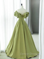 Green A-Line Satin Long Prom Dress, Green Formal Evening Dress