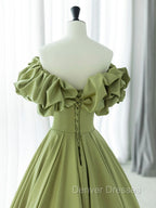 Green A-Line Satin Long Prom Dress, Green Formal Evening Dress