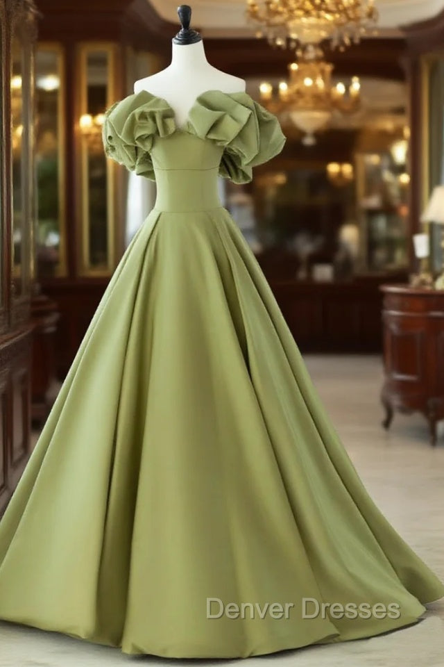 Green A-Line Satin Long Prom Dress, Green Formal Evening Dress