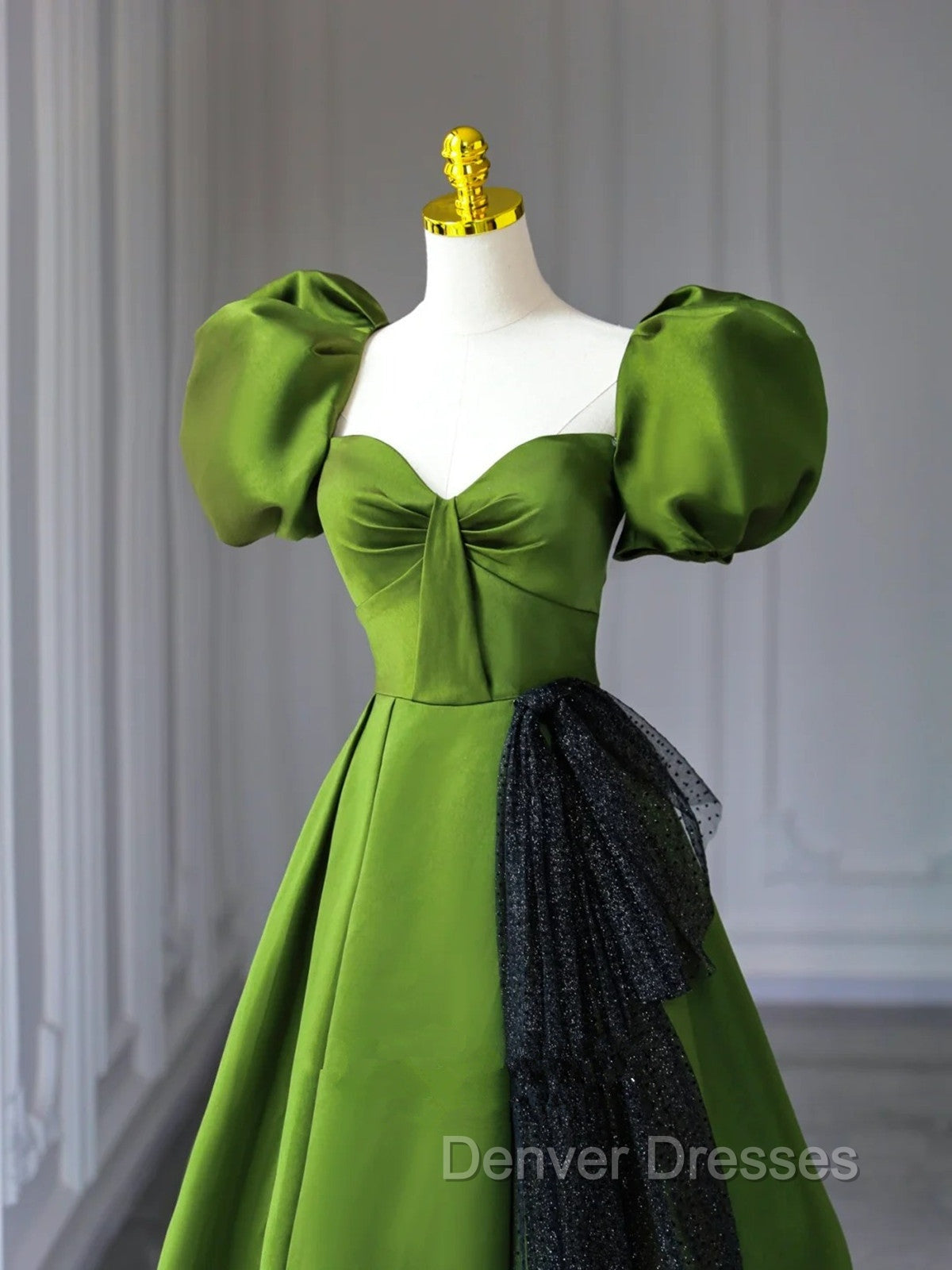 Green A-Line Satin Sweetheart Short Sleeves Party Dress, Green Long Prom Dress Secondary image