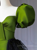 Green A-Line Satin Sweetheart Short Sleeves Party Dress, Green Long Prom Dress