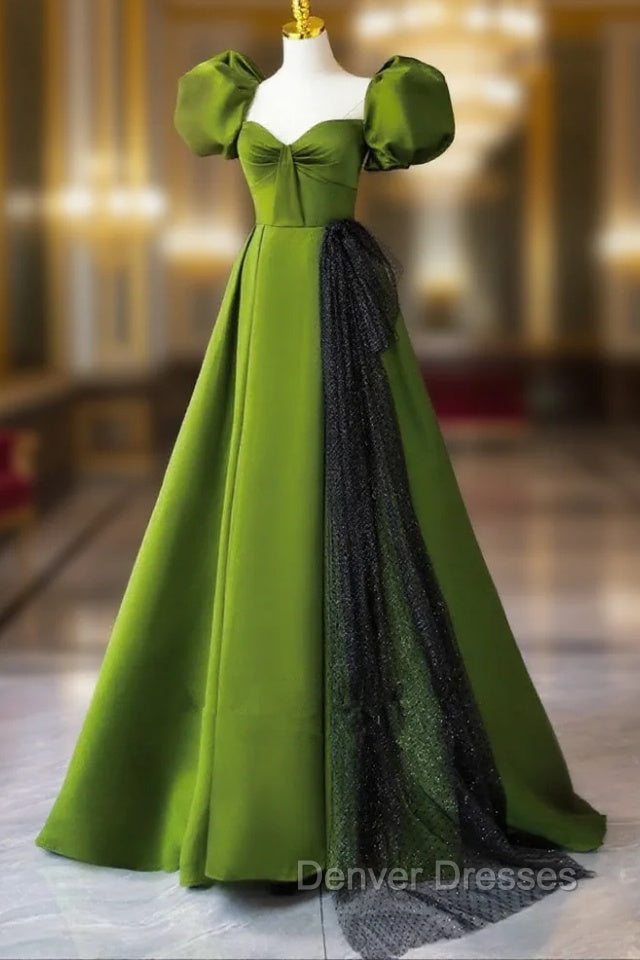 Green A-Line Satin Sweetheart Short Sleeves Party Dress, Green Long Prom Dress Main image