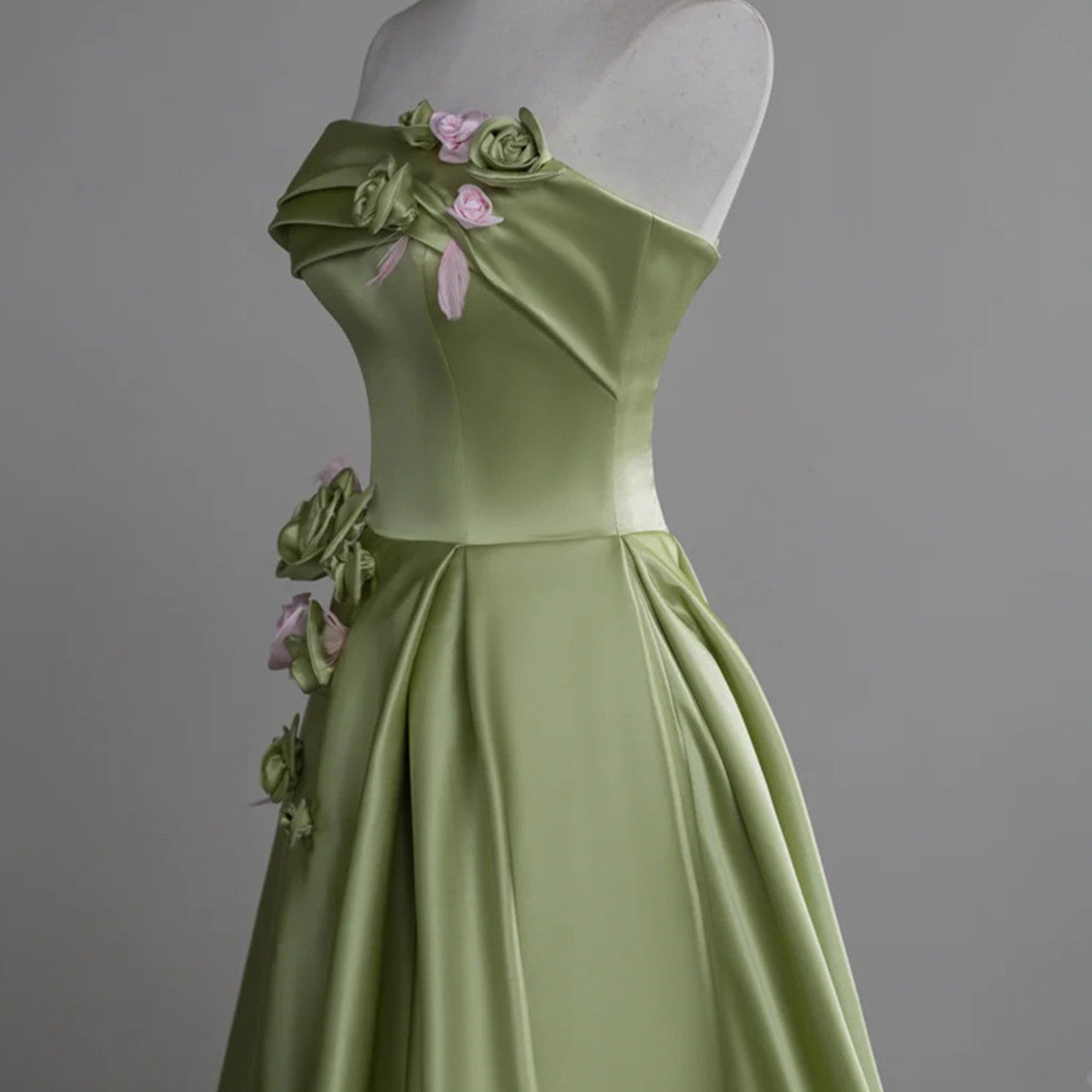 Green A-Line Satin With Flowers Long Evening Dress, Green Satin Prom Dress