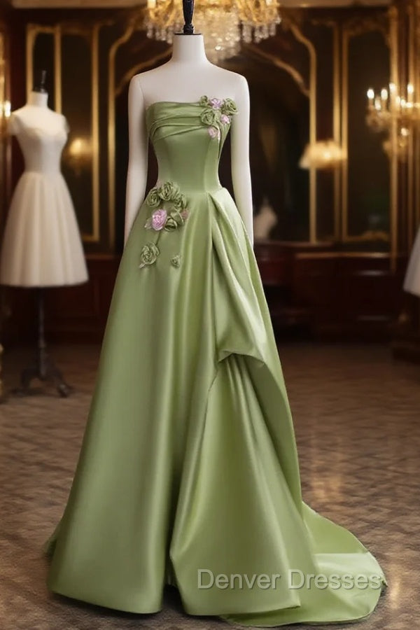 Green A-line Satin with Flowers Long Evening Dress, Green Satin Prom Dress Main image