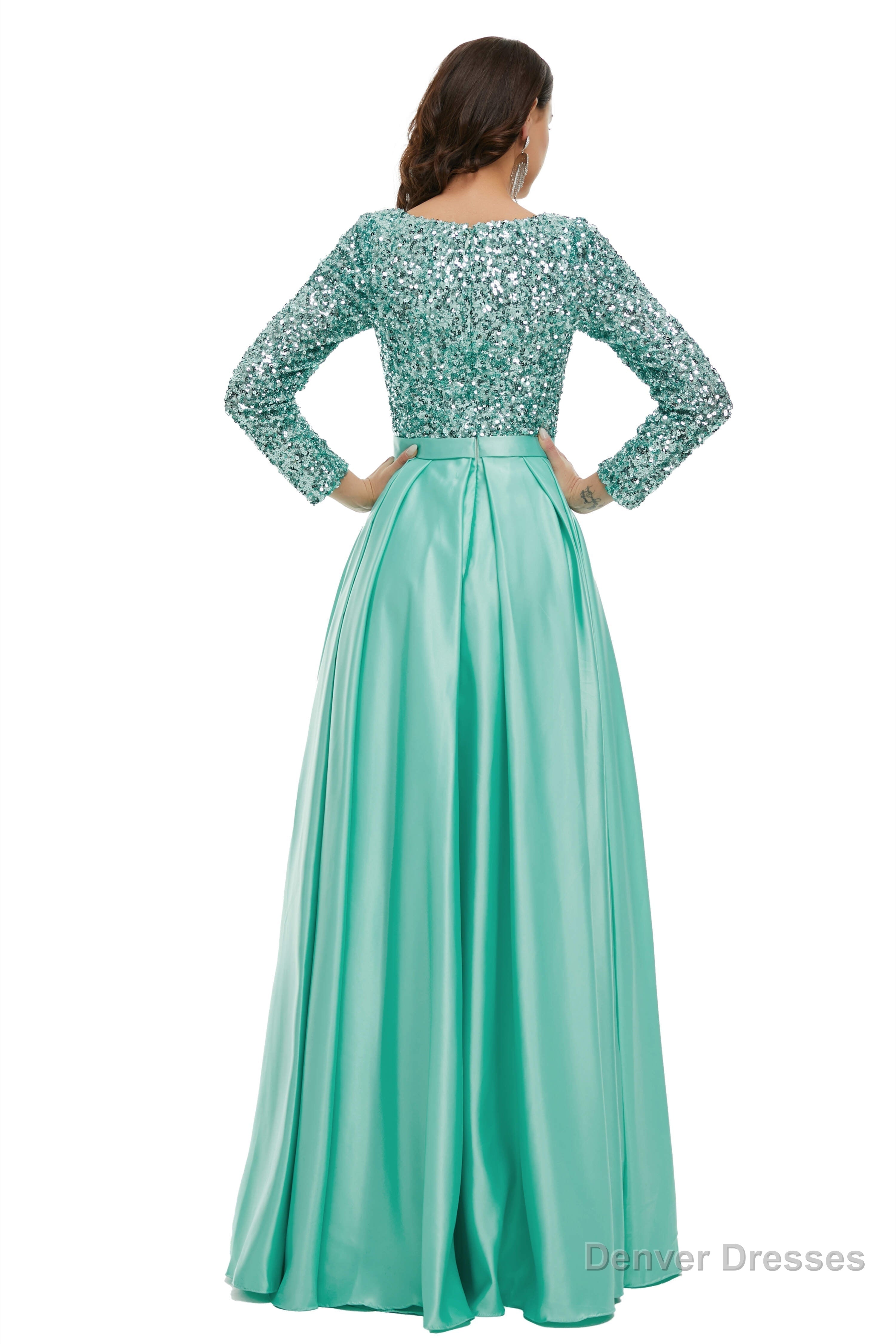A-Line Sequins Sweet Neck Long Sleeve Prom Dresses