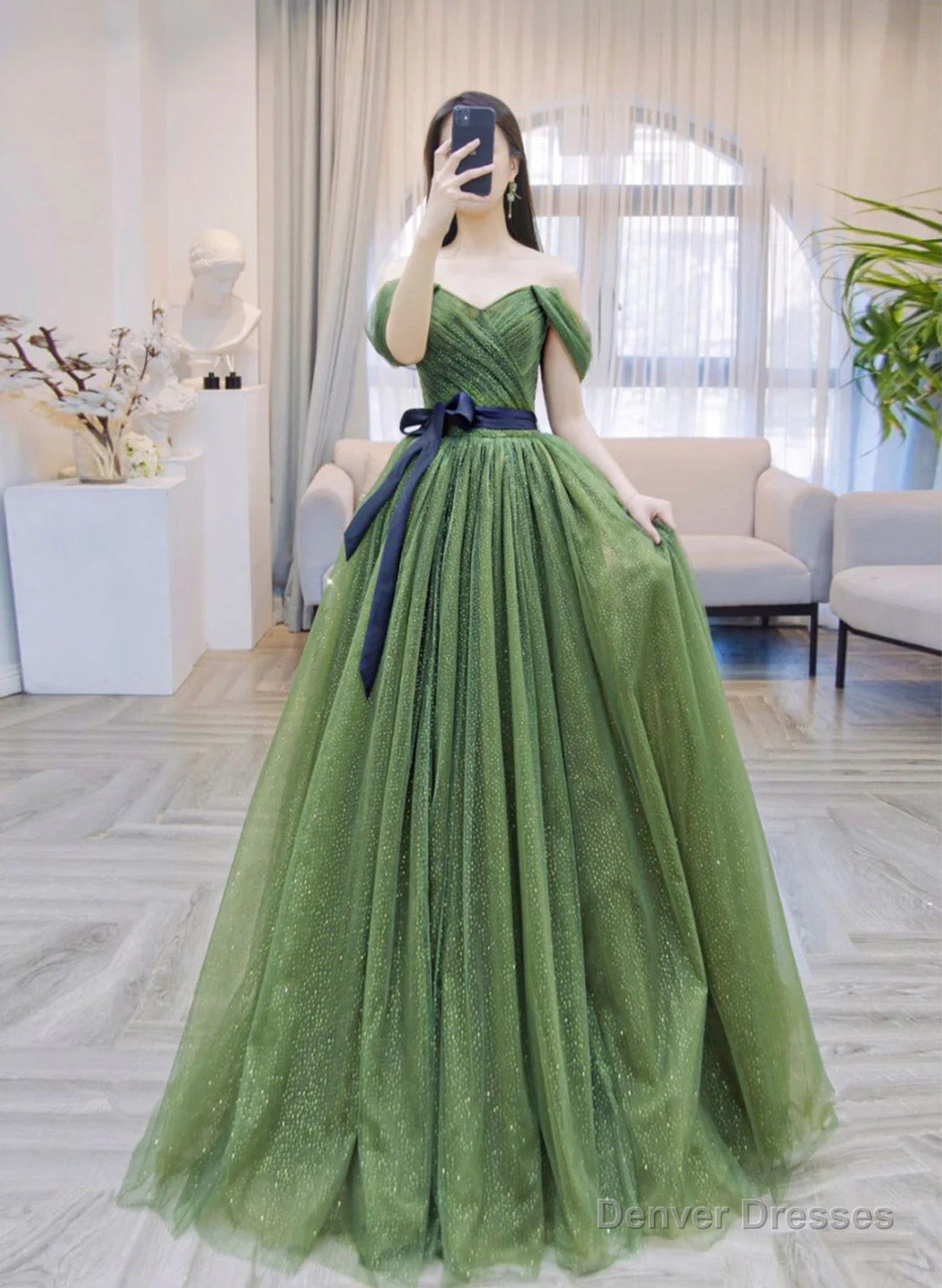 Green A-line Shiny Tulle Off Shoulder Party Dress, Green Tulle Prom Dress Main image