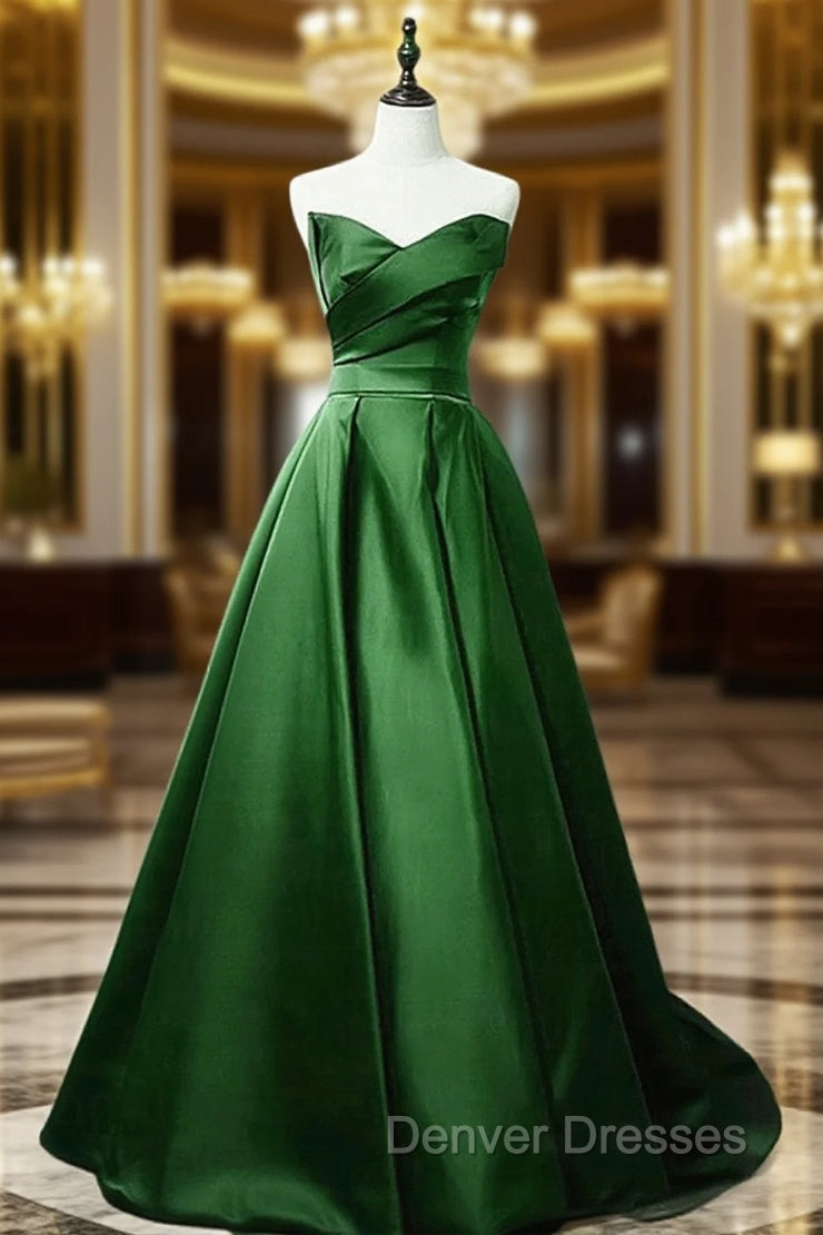 Green A-line Simple Satin Long Party Dress, Green Satin Prom Dress Main image