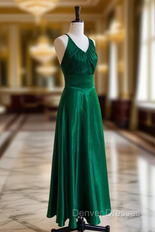 Green A-line Soft Satin Cross Back Evening Dress, Green Prom Dress Party Dress Main image