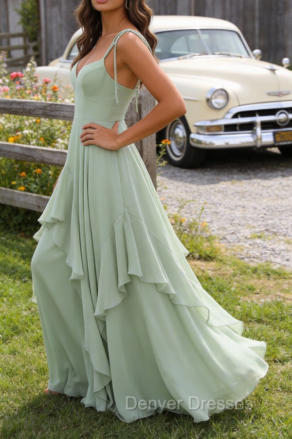 Green A-Line Spaghetti Straps Chiffon Bridesmaid Dress with Ruffles Secondary image